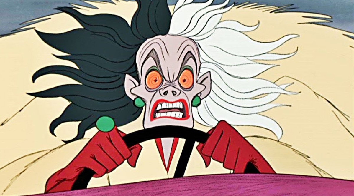 Cruella de Vil looking angry when driving in 101 Dalmatians